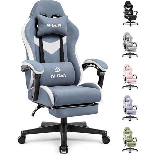 Image of N-GEN GAMING Video Gaming Chair Office Computer Desk Use Ergonomic Reclining Backrest Adjustable Armrests Lumbar Support Footrest High Density Foam Breathable Fabric Heavy Duty Base (Blue)