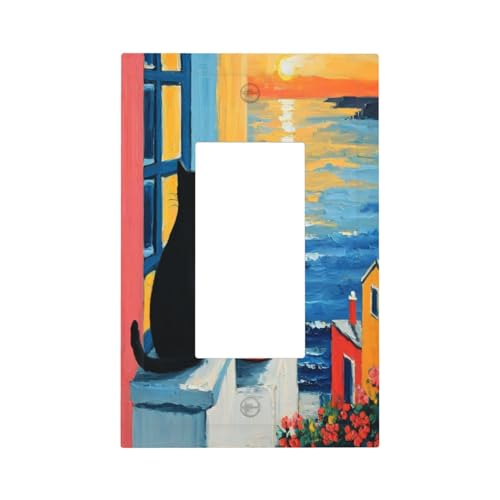 Decorative Outlet Covers Vintage Oil Painting Style Black Cat Sea Flowers 1 Gang Single Decora GFCI Device Light Switch Covers Plate 1 Rocker Wall Plate Jumbo Faceplate for Home Decor