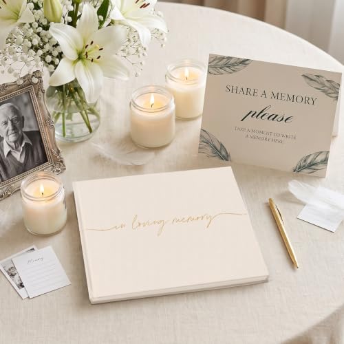 Image of Funeral Guest Book for Memorial Service, in Loving Memory 9x7.5 | 320 Entries, Table Sign Card Included, Gold Stamping, Twill-Textured Paper Cover, Celebration of Life Keepsake, Beige