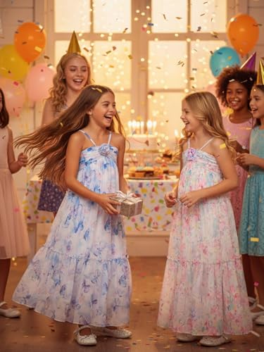 WELAKEN Kid Girls' Floral Dress Flowy Summer Chiffon Spaghetti Straps Ruffle Sundress4