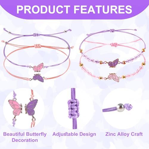 4 Pcs Friendship Bracelets for 2, Matching Bracelets for Best Friends, Best Friend Bracelet, Adjustable Friendship Bracelet, Butterfly Bracelets for Women, Couple, Friend4