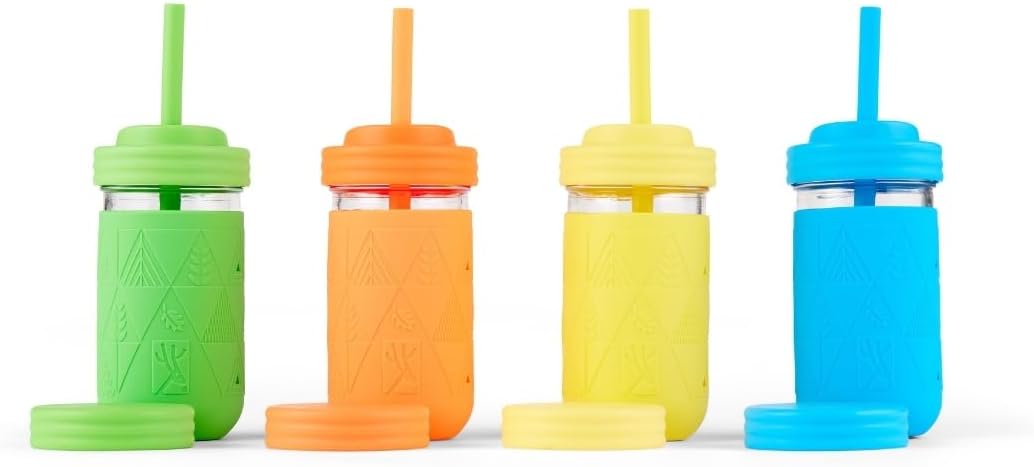Elk and FriendsKids & Toddler Cups | The Original Glass Mason jars 12 oz with Silicone Sleeves & Silicone Straws | Smoothie Cups | Spill Proof Cups