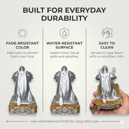 Image of Knight Pen Holder Sculpture Eco PLA Water Resistant Scratch Resistant Desk Organizer 5x4x3 Inches Satin Silk Metallic Finish Medieval Armour Decorative Tool Stand (Sacred Silver - Teak Wood)