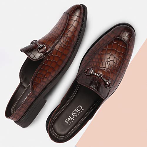 FAUSTO Men Embossed Leopard Print Design with Horsebit Buckle Ethnic Party Back Open Slip On Mules Shoes