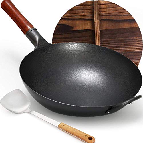 Carbon Steel Wok, YTFGGY Wok Pan for Gas Stoves - 12.6â€œ Woks and Stir Fry Pans - Traditional Chinese Japanese Iron Woks (Lid, Spatula Included)
