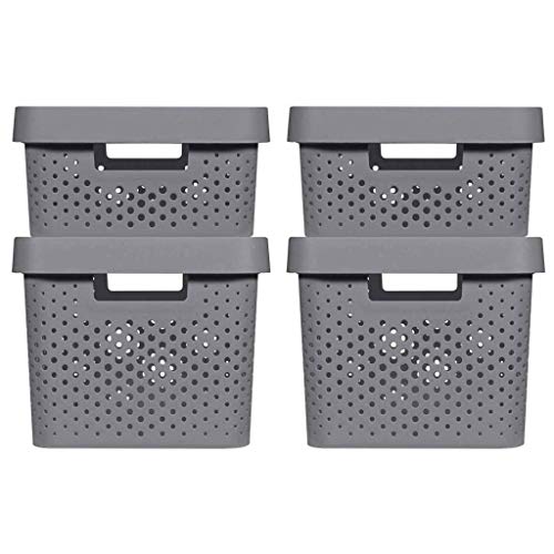 Curver Infinity - Set di 4 cestini con coperchio riciclato (2 pezzi, taglia M 11L e 2 pezzi, taglia L 17L), colore grigio
