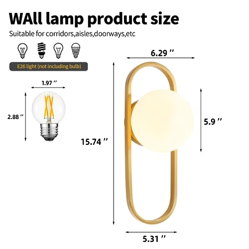 Image of Wall Sconces Set of Two Brushed Gold Wall Lamp Sconces Wall Lighting with White Globe Glass Shade Wall Lights Sconces Wall Decor Set of 2 Wall Lights for Living Room for Bedrooms Set of 2 ETL Listed