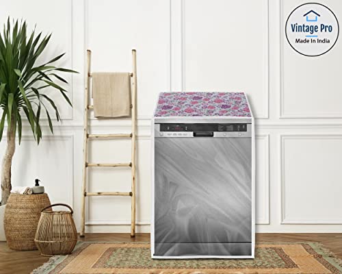 Image of Dishwasher Cover Suitable for Bosch of 12, 13, 14 and 15 Place Setting (63cmsX63cmsX81cms, White & Pink Flower)