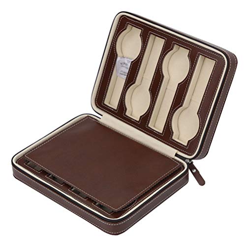 Watch Case, Portable Zippered Watch Travel Case Holder 8 Compartments Watches Interior Storage Organizer Watch Collection Travel Bag (Brown 8 Watch Box Compartments)