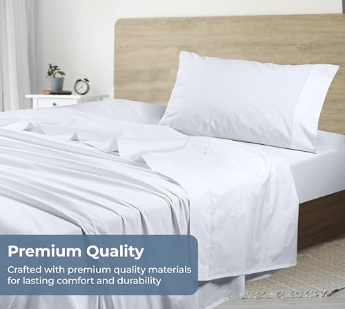 Image of ROYALE LINENS 100% Organic Cotton Twin Sheet Set - Percale Weave - 3 Pieces Set - 1 Flat, 1 Deep Pocket Fitted Sheet and 1 Pillowcases - White Bed Sheets - Sabanas Twin - Crisp Cool (White)
