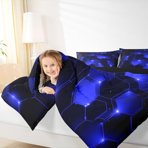Image of Feelyou Blue Black Honeycomb Comforter Set Twin, Honeycomb Comforter for Kids Boys Girls Beehive Hexagon Bedding Set Geometric Duvet Durable Quilt Twin Size