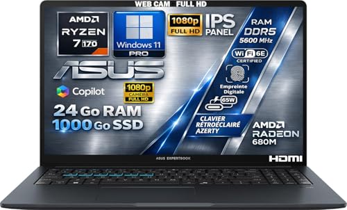 ASUS Ordinateur Portable AMD Ryzen 7 170 4.75Ghz, RAM 24Go DDR5, SSD 1To, Écran 15.6