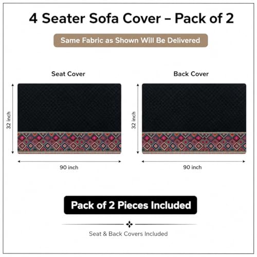 Image of KINGLY Sofa Cover 4 Seater Fully Covered | Stretchable Anti-Slip Slipcover | Washable Furniture Protector | Black Multicolor | Set of 2 | Seat & Back |