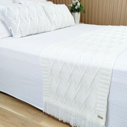 Peseira Manta Tricô Casal Queen 230x60cm +2 Capas Almofada 60x40c...