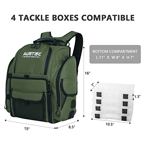 Image of AUMTISC Fishing Tackle Bag Backpack for Men with 4 Tackle Boxes, 2 Rod Holder, Rain Cover, Large Fishing Equipment Gear Bags for Camping, Hiking