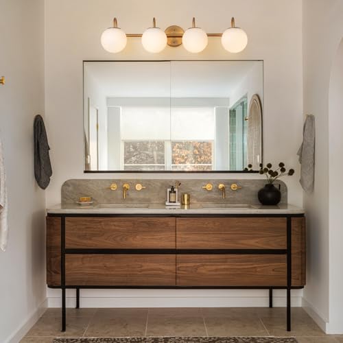 Image of Gold Bathroom Vanity Light, 31 inch Modern Dimmable 4-Light Bathroom Light Fixture Over Mirror, Globe Vanity Light with Frosted Glass Shade Globe Wall Sconce