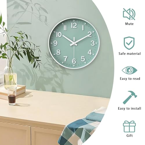 Image of HZDHCLH Wall Clocks Battery Operated,Wall Clock Green,12 inch Wall Clock Silent Non Ticking Modern 3D Numbers for Kitchen Bedroom Living Room Office Classroom Decor