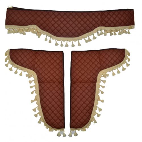 24/7 AUTO Juego de 3 cortinas decorativas de piel ecológica para camión, autobús, camión, borlas marrones