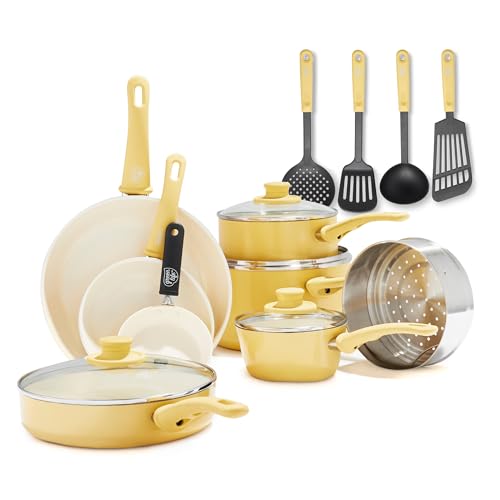 GreenLife Soft Grip Healthy Ceramic Nonstick 16 Piece Kitchen Cookware Pots and Pans Set, Includes Frying Pan Skillets Sauce and Casserole, PFAS-Free, Oven Safe, Yellow