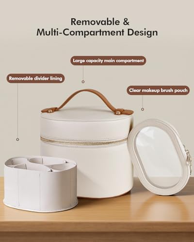 Prite 2 Pcs Makeup Bag Set Travel Cosmetic Organizer 2-Layer Vegan Leather Jewelry Case with Waterproof Clear Toiletry Bag for Women (Beige) - 1