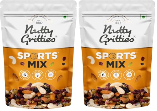 Image of Nutty Gritties Premium Sports Mixed Nuts and Dry Fruit 200g - Roasted Almonds, Cashews, Pistachios, Dried Blueberries, Cranberries and Raisins, Healthy Snack for all | Resealable Pouch (Pack of 2)