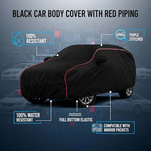 Image of Sulfar 100% Water Resistant Car Body Cover Compatible with Mirror for MG Windsor EV (Triple Stitched, Full Bottom Elastic, Black with Red Piping)