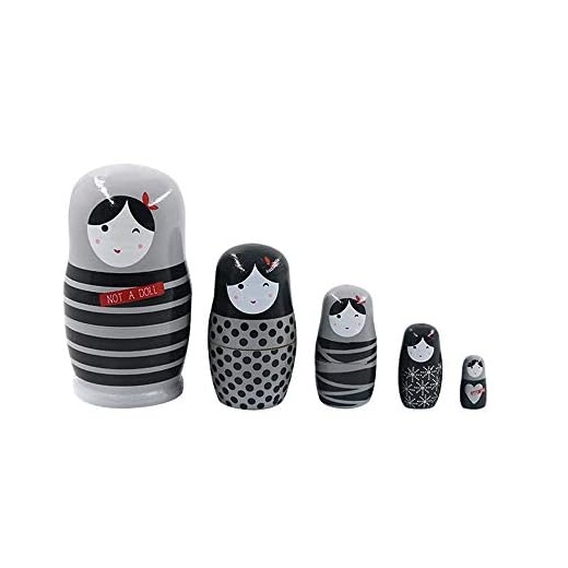 5 Pcs Gray Girl Wooden Russian Nesting Dolls Matryoshka Handmade Dolls Dotted Line Heart Pattern Stacking Kids Toys for Home Decoration