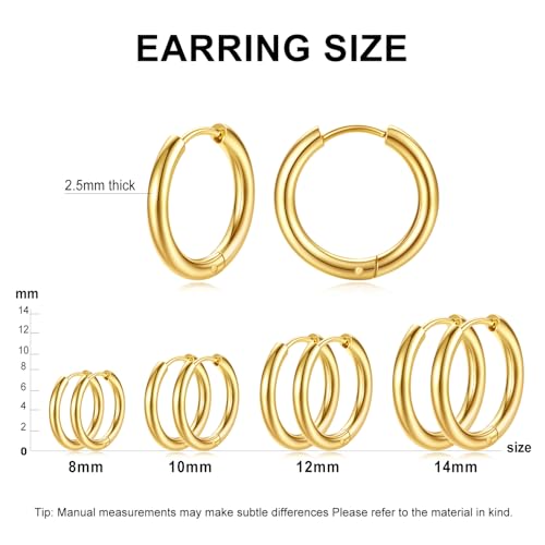 Gold Hoop Earrings Set for Women, 14K Golden Plated Hypoallergenic Thin Small Gold Earrings Set Cartilage Helix Huggie Hoop Pack for Women Men Different Size2