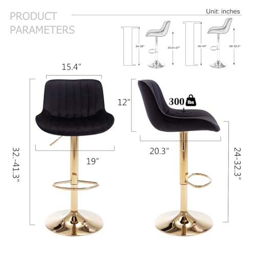 Image of ECHINGLE Velvet Bar Stools Set of 2 - Swivel Counter Height Barstools with Back & Adjustable Height, Modern Gold Kitchen Island Stools for Bar, Armless Pub Stools, Soft Black Upholstered Seating