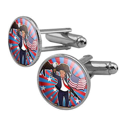 GRAPHICS & MORE Patriotic Donald Trump with Eagle American Flag Gun Round Cufflink Set Silver Color