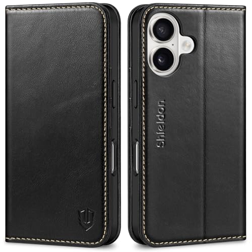 SHIELDON Case for iPhone 16 6.1" 2024, Genuine Leather Flip Wallet Case Magnetic RFID Blocking Card Holder Kickstand Shockproof TPU Protective Phone Cover Compatible with iPhone 16 - Retro Black by SHIELDON - Used condition - US$23.03