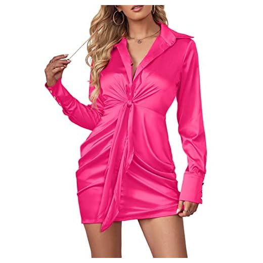 LYANER Women's Silky Satin Deep Collar V Neck Tie Front Long Sleeve Short Party Shirt Dress Solid Hot Pink X-Large