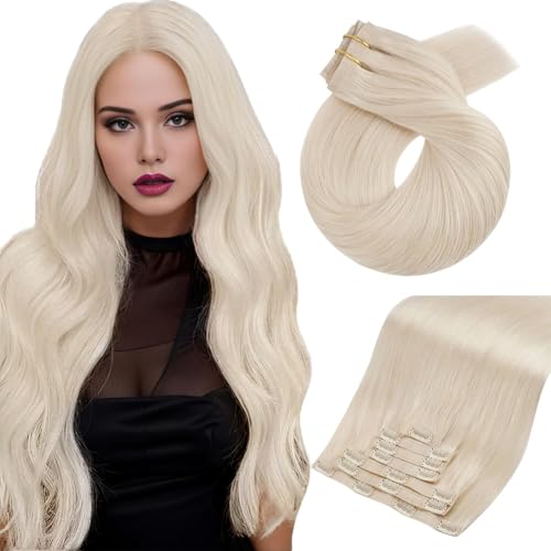 Image of Moresoo Seamless Clip in Hair Extensions, Platinum Blonde, PU Skin Weft | Clip in human hair extensions, 14inch 120g 7pcs, for fashion beginners and bold users, for high contrast modern clean look
