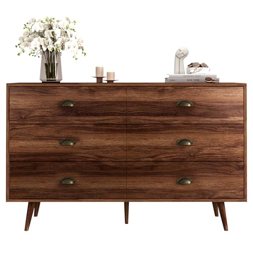 CARPETNAL Walnut Brown Dresser for Bedroom, 6 Drawer Dresser with Wide Drawers and Metal Knob, Wood Dressers & Chest of Hallway, Entryway. - Thumbnail 7