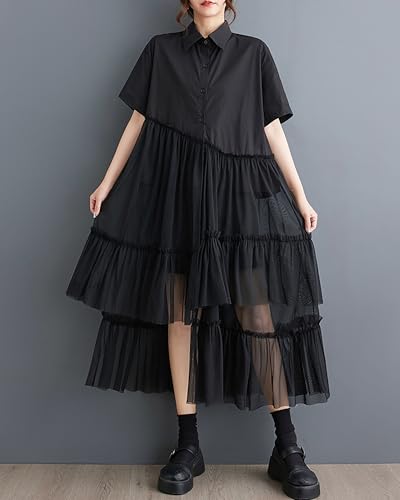 ellazhu Women's Shirt Dress Patchwork Short Sleeve Lapel Button Down Irregular Hem Tulle Solid Summer GZ2253