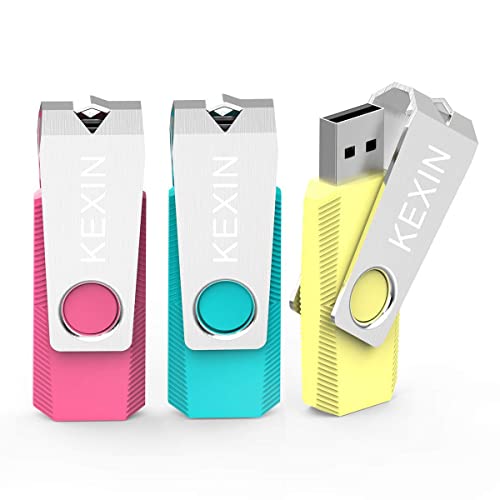 KEXIN 3 Pack 128GB USB Flash Drive 2.0 USB Stick Memory Stick Swivel Thumb Drive External Data Storage Stick Pen Drive with LED Light for PC Laptop Tablet (128gb, 3 Colors: Pink Yellow Cyan)