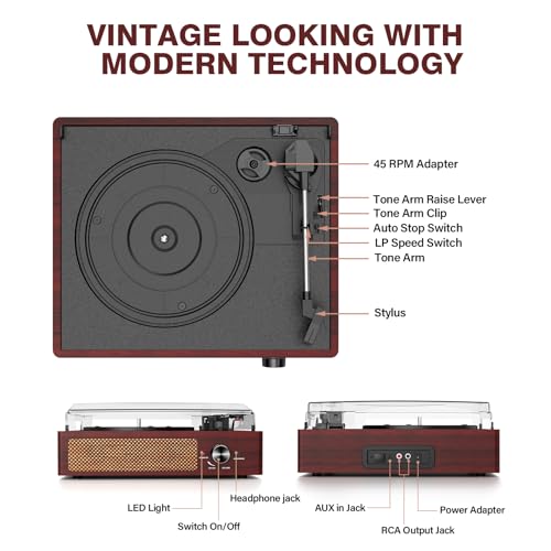 Image of Vinyl Record Player with 2 Stereo Speakers Belt-Driven Vintage Turntables 3 Speed 3 Size Wireless Bluetooth Playback AUX-in RCA Out Headphone LP Vinyl Players Auto Stop Red Wood
