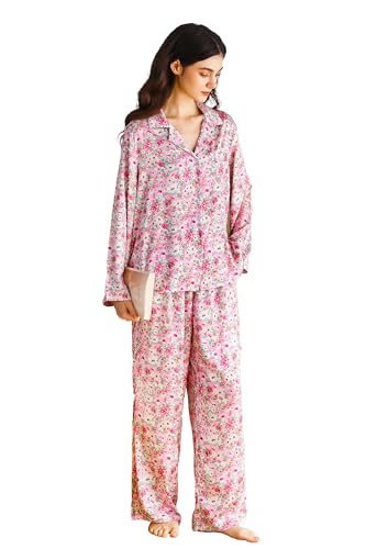 Image of YiNi LuLu Womens Silk Satin Pajamas Set Button Down 2 Piece Pjs Long Sleeve Oversized Sleepwear with Pockets