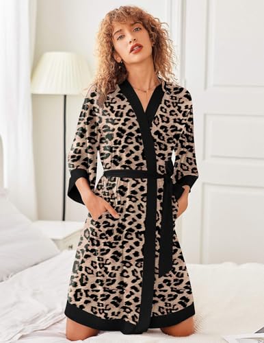 Image of Ekouaer Robes for Women Knee Length Bathrobe Lightweight Kimono Robe 3 /4 Sleeve Knit Sleepwear with Pockets