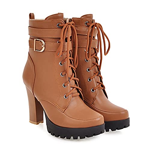 VOKLIN Women's Lace Up Platform High Heels Dress Ankle Boots Round Toe Buckle Zipper Dressy Short Booties2