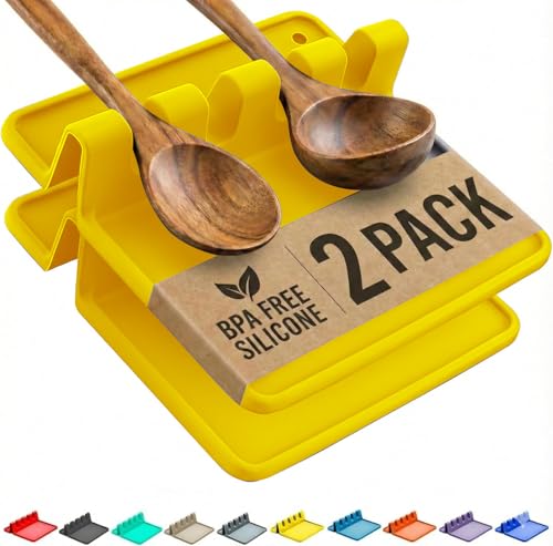 Image of Cooler Kitchen Yellow Silicone Spoon Rest for Stove Top with Drip Pad (Two Pack) - Heat Resistant BPA Free Utensil Rest & Spoon Holder for Kitchen Counter - Grill Utensil Holder - Spatula Holder
