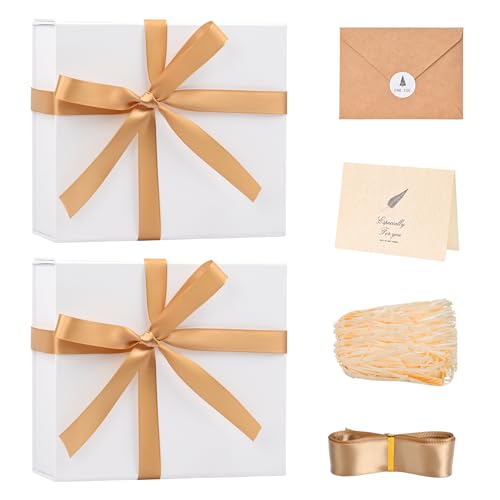 Image of LIFELUM White Gift Boxes with Lids for Presents 2 Pack 8x7x3 Inch Gift Boxes with Ribbon,Card,Shredded Paper Filler Magnetic Gift Box for Birthdays Gifts