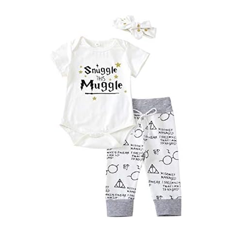 YJWFHPU Baby Boys Girls Snuggle This Muggle Outfits Set, White 3 Pcs Cotton Romper Bodysuit Trousers and Hat Headband, Size for 6-24 Months Cover