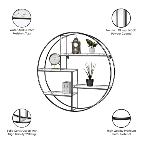Image of Dime Store Metal Round Floating 4-Tiers Shelves Wooden Bookshelf for Home Wall Decorative Racl Shelf for Living Room & Bedroom (Black & White)