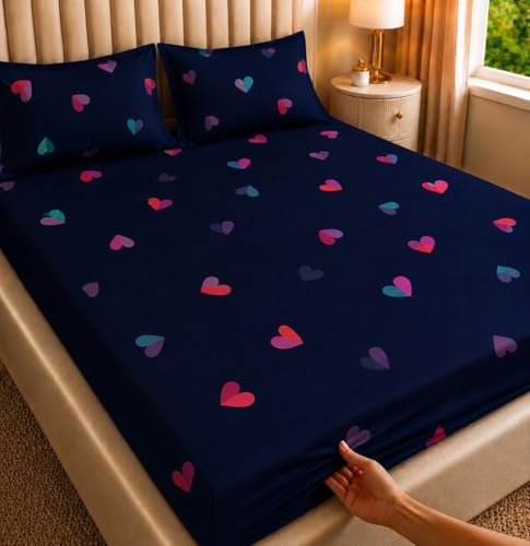 Image of Castiqa Elastic Fitted Supersoft Premium Polycotton 200TC King Size Bedsheet with 2 Pillow Covers (Fits Upto Mattress of 8 Inches) (Blue Multi Heart, Full 72x78x8 Inch)