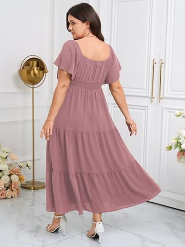 Image of SCOMCHIC Womens Plus Size Maxi Dress Formal Short Sleeve Square Neck Smocked Side Split Flowy A Line Tiered Long Dress