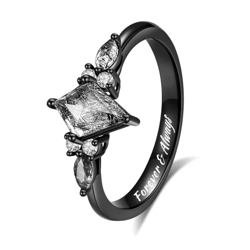 Black Rutilated Quartz Bridal Wedding Ring Sets - Personalized Engraved Engagement Rings for Women Gothic Kite Cut Promise for Her Wife Fiancée