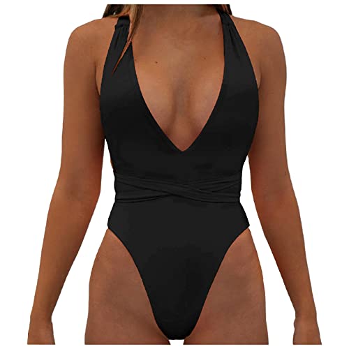 Routefuture Maillot de Bain Femme 1 Pièce Sexy Col V Monokini Licou Maillot Une Pièce Amincissant Dos croisé Rétro Maillot de Bain Couleur Unie Body Swimwear,Noir,L
