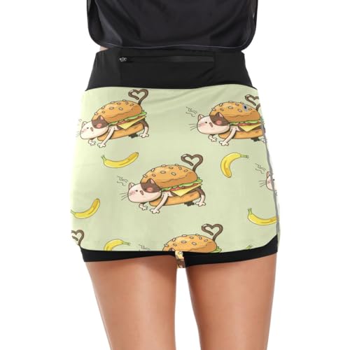 ODAWA Saias de tênis femininas Funny Cat Burger shorts elásticos esportivos de golfe com bolsos P-GG