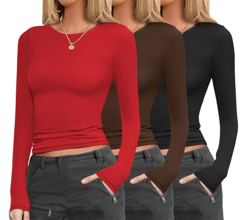 Image of Ekouaer Womens 3 Pack Long Sleeve Shirts Fitted Tops Underscrub Undershirt